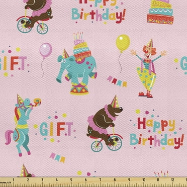 Clown Fabric by the Yard, Happy Birthday and Gift Lettering Funny Pattern with Balloons and Animals, Decorative Upholstery Fabric for Sofas and Home Accents, 1 Yard, Rose Multicolor by Ambesonne