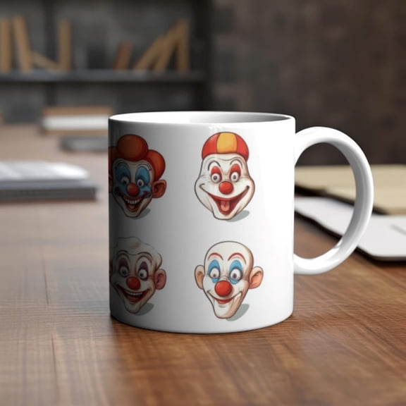 Clown Faces Ceramic Coffee Mug, Circus Theme, Cheerful Print.