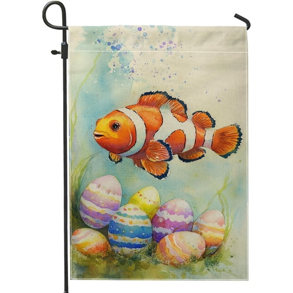 Clown Fish Easter Eggs Garden Flag, Colorful Watercolor Ocean Burlap, Double Sided Spring Outdoor Lawn Decoration, 12 x 18 Inch