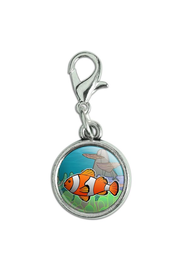 Clown Fish in Ocean Reef Coral Anemone Antiqued Bracelet Pendant Zipper Pull Charm with Lobster Clasp