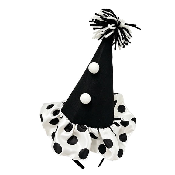 Clown Hat - Cone Headband with Pom Poms for Halloween Costume, Black Cone with Three White Poms, Photo Booth Prop for Birthday Parties