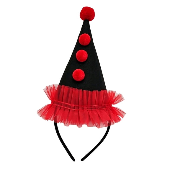 Clown Hat Headband Black Red Tulle Clown Costume Accessories, Red Mesh Ruffle Cone Party Hat, Halloween Cosplay, Birthday, Circus Carnival, Photo Props, Adult & Kids Clown Dress-Up Supplies