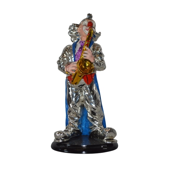 Clown Plays the Saxophone Resin Statue Silver finish - Size: 6"L x 6"W x 14"H.