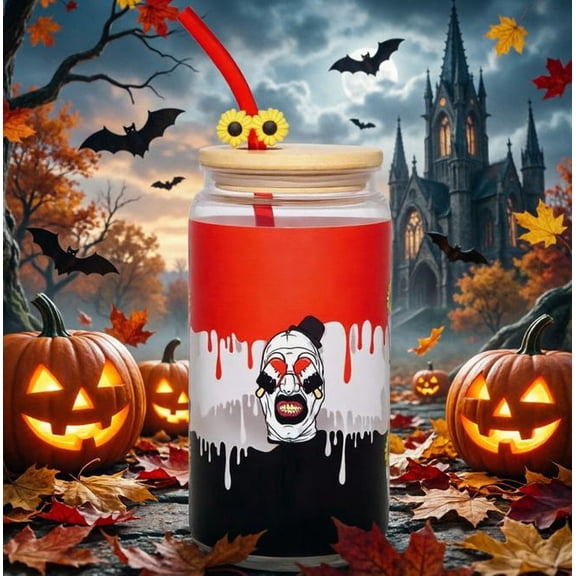 Clown Pool Party Can with Straw Topper  Leak-Proof Lid & Jester Design, 16oz Poolside Lemonade Cup