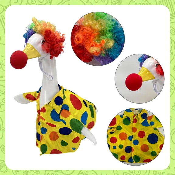 Clown Porch Goose Costume Set, Colorful Polka Dot Dress with Rainbow Wig and Red Nose, 23 Inch Funny Easter Yard Decoration, Outdoor Holiday Party Decor, Unique Lawn Ornament