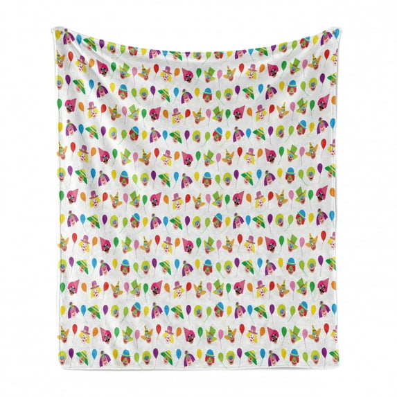 Clown Soft Flannel Fleece Throw Blanket, Colorful Funny Pattern with Balloons and Colored Funny People Faces Repetition, Cozy Plush for Indoor and Outdoor Use, 50" x 70", Multicolor, by Ambesonne