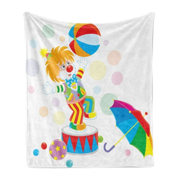 Clown Soft Flannel Fleece Throw Blanket, Funny Circus Entertainer with Colorful Umbrella and Balls on Colorful Pastel Dots, Cozy Plush for Indoor and Outdoor Use, 50" x 70", Multicolor, by Ambesonne