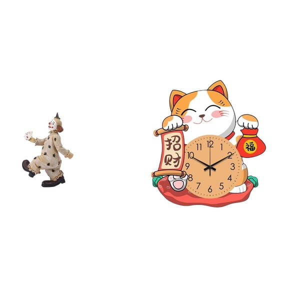 Clown Statue Sculpture Cat Wall Clock Tabletop Ornament Resin Craft for Living Room Kitchen Study