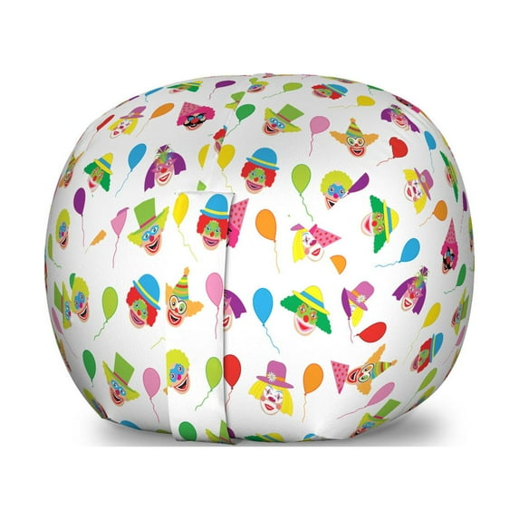 Clown Storage Toy Bag Chair, Colorful Funny Pattern with Balloons and Colored Funny People Faces Repetition, Stuffed Animal Organizer Washable Bag, Large Size, Multicolor, by Ambesonne