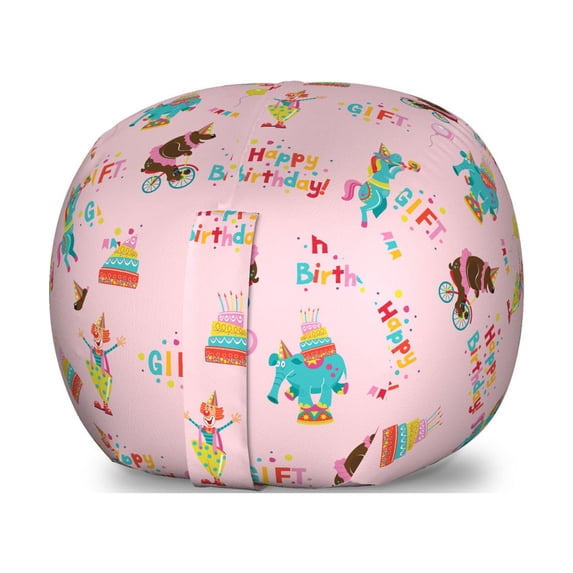 Clown Storage Toy Bag Chair, Happy Birthday and Gift Lettering Funny Pattern with Balloons and Animals, Stuffed Animal Organizer Washable Bag, Large Size, Rose Multicolor, by Ambesonne