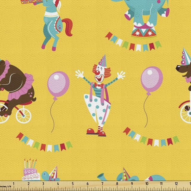 Ambesonne Clown Fabric by the Yard Upholstery, Birthday Party Circus Animals, 5 Yards, Mustard Multicolor