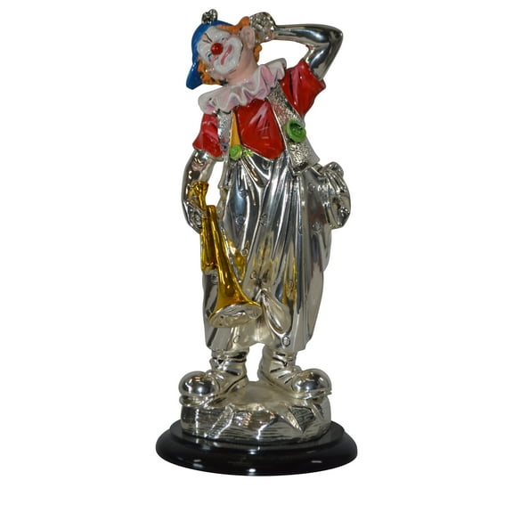 Clown plays Trumpet Resin Statue Silver finish - Size: 6"L x 6"W x 17"H.