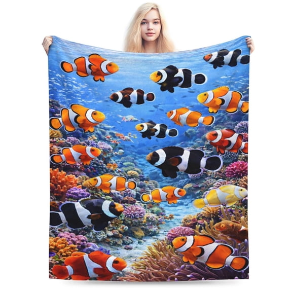 Clownfish Coral Reef Blanket Ocean Tropical Fish Underwater Marine Life Soft Cozy Throw Blanket for Couch Bed Summer Gift 50x40