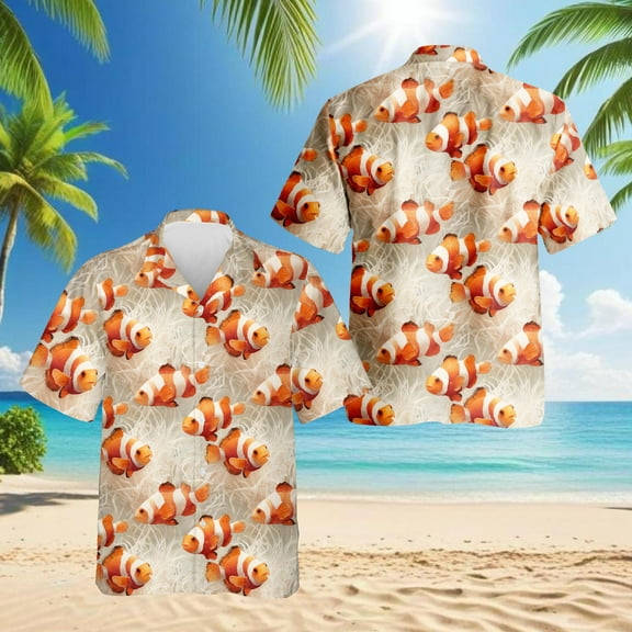 Clownfish Pattern Hawaiian Shirt for Men, Retro Style, Button Down Summer Beach Short Sleeve, S-5XL