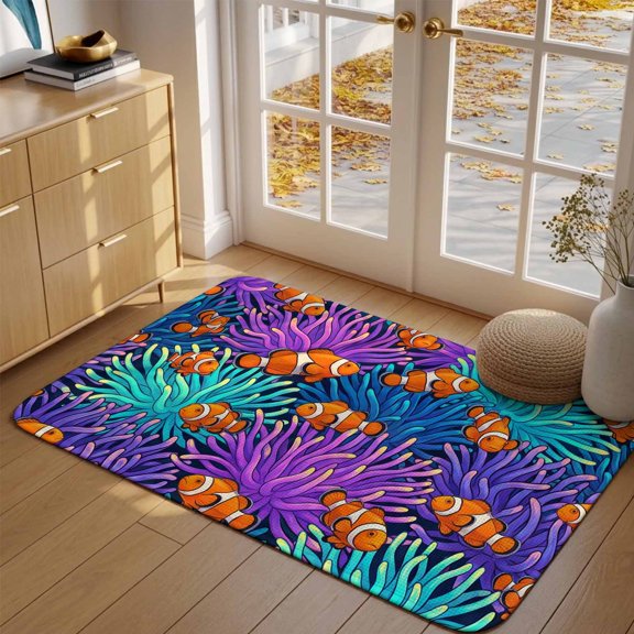 Clownfish Sea Anemones Front Door Mat Indoor Entrance, Coastal Tropical Orange Purple Blue Marine Life Absorbent Dirt Resist Welcome Mats Low-Profile Doormat Washable Entry Rug Indoor 17x30 Inch