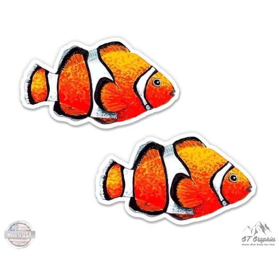 Clownfish Set of 2 Swimming - 2" Each Vinyl Stickers - For Car Laptop I-Pad Phone Helmet Hard Hat - Waterproof Decals