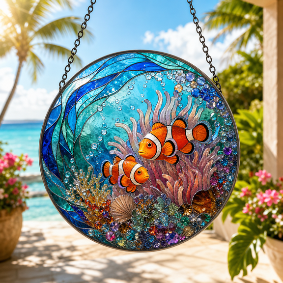 Clownfish Stained Glass Suncatcher for Window Hanging Tropical Fish Gift