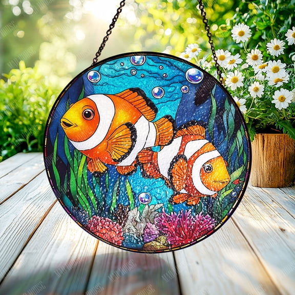Clownfish Stained Glass Window Decor, Vibrant Ocean-Themed Suncatcher, Handcrafted Marine Life Design, Tropical Reef-Inspired Art, Car Hanging, Colorful Home Decor, Unique Sea Life Wall Hanging Gift