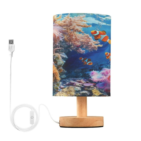 Clownfish and Corals in Ocean Bedside Table Lamp Desk Warm Lights with USB Charging Port Cylinder LED Lamps for Bedroom Living Room Office