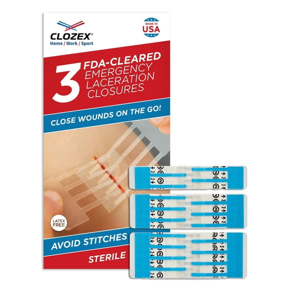 Clozex Emergency Laceration Closures - Repair Wounds Without Stitches. FDA Cleared Skin Closure Device for 3 Individual Wounds Or Combine for Total Length of 3 3/8 Inches. Life Happens, Be Ready!