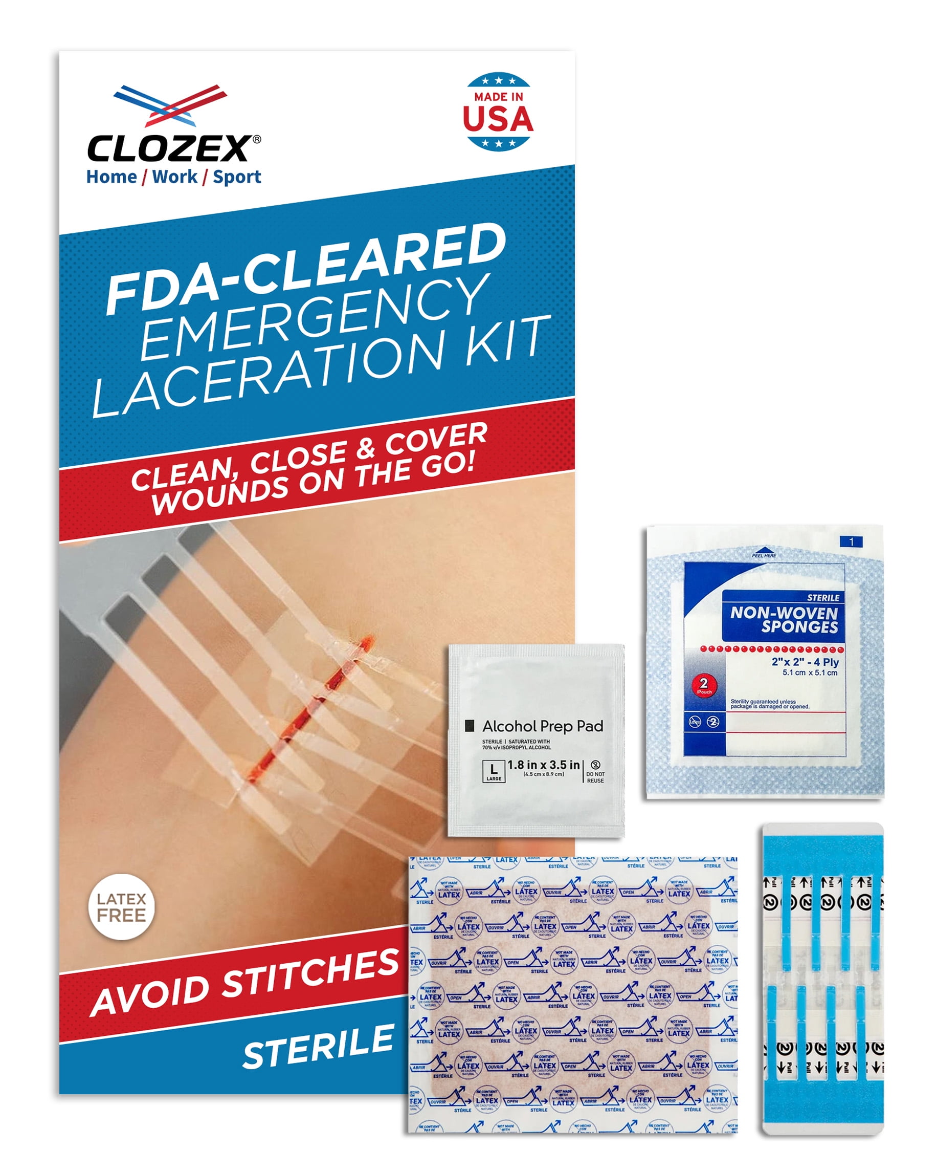 Clozex Emergency Laceration Kit - Repair Wounds Without Stitches. FDA Cleared Skin Closure Device for a Wound Up to 1 1/2 Inches in Length. Complete Kit to Clean, Close, and Cover Wounds.