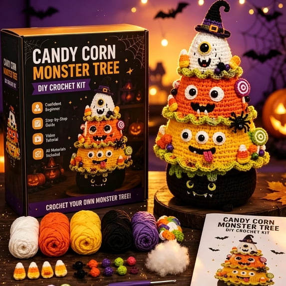 Clthnxya DIY Crochet Halloween Tree Kit, Christmas Tree Crochet Craft Ornament Set, Beginner-Friendly Kit with Yarn & Crochet Hook Instructions, Handmade Holiday Tabletop Decor Craft Gift