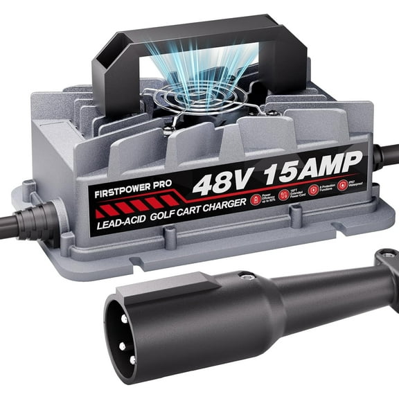 Club Car Charger, 48V 15A Golf Cart Charger, Golf Cart Battery Charger with 3-Pin Round Plug, 4-6H Fast Full Charge Trickle Charge, Lead Acid Battery Charger - IP67 Waterproof with Fan Design