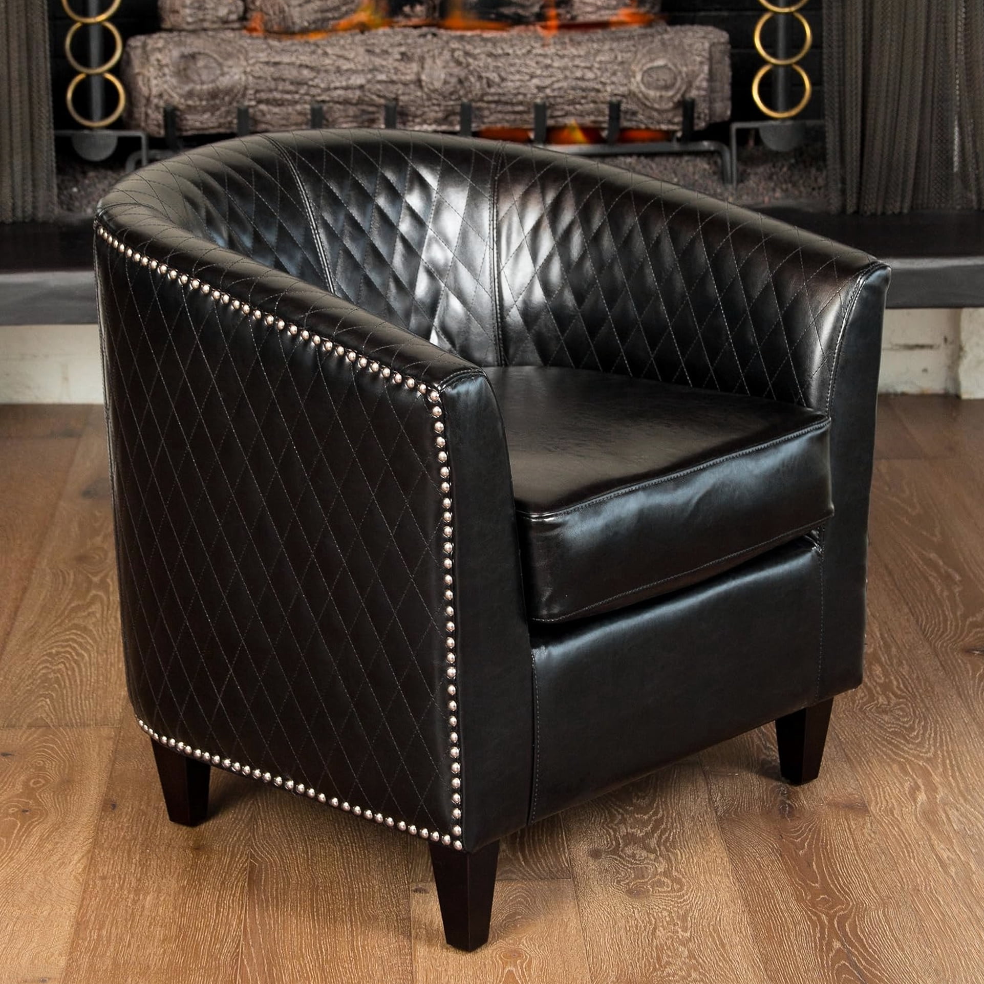 Club Chair In Black Faux Leather, Elegant With Curved Back And , Dark ...