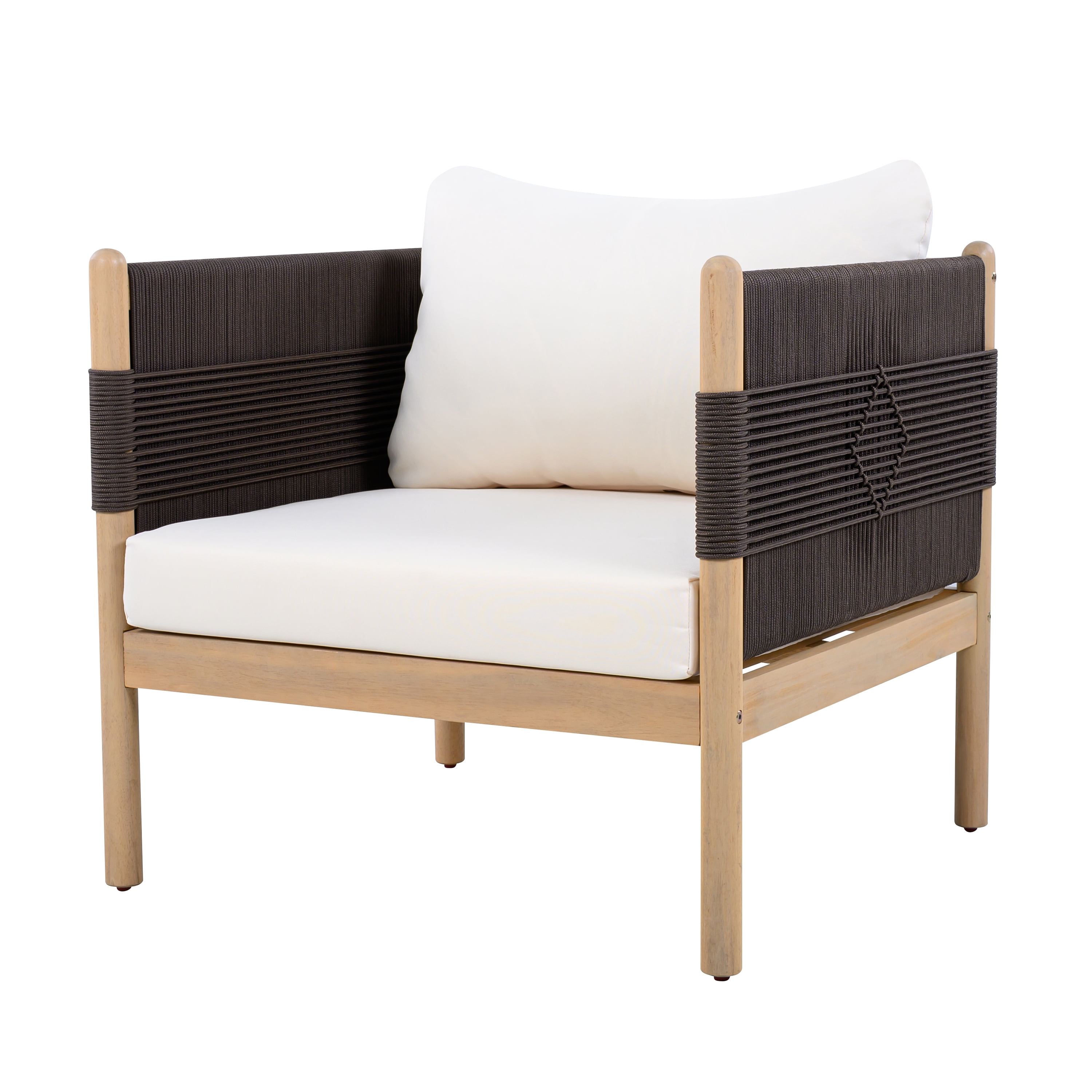 Club Chair, Outdoor Acacia Wood Chair with Diamond Rope Weave and Cushions for Patio Garden, Light Teak and Cream