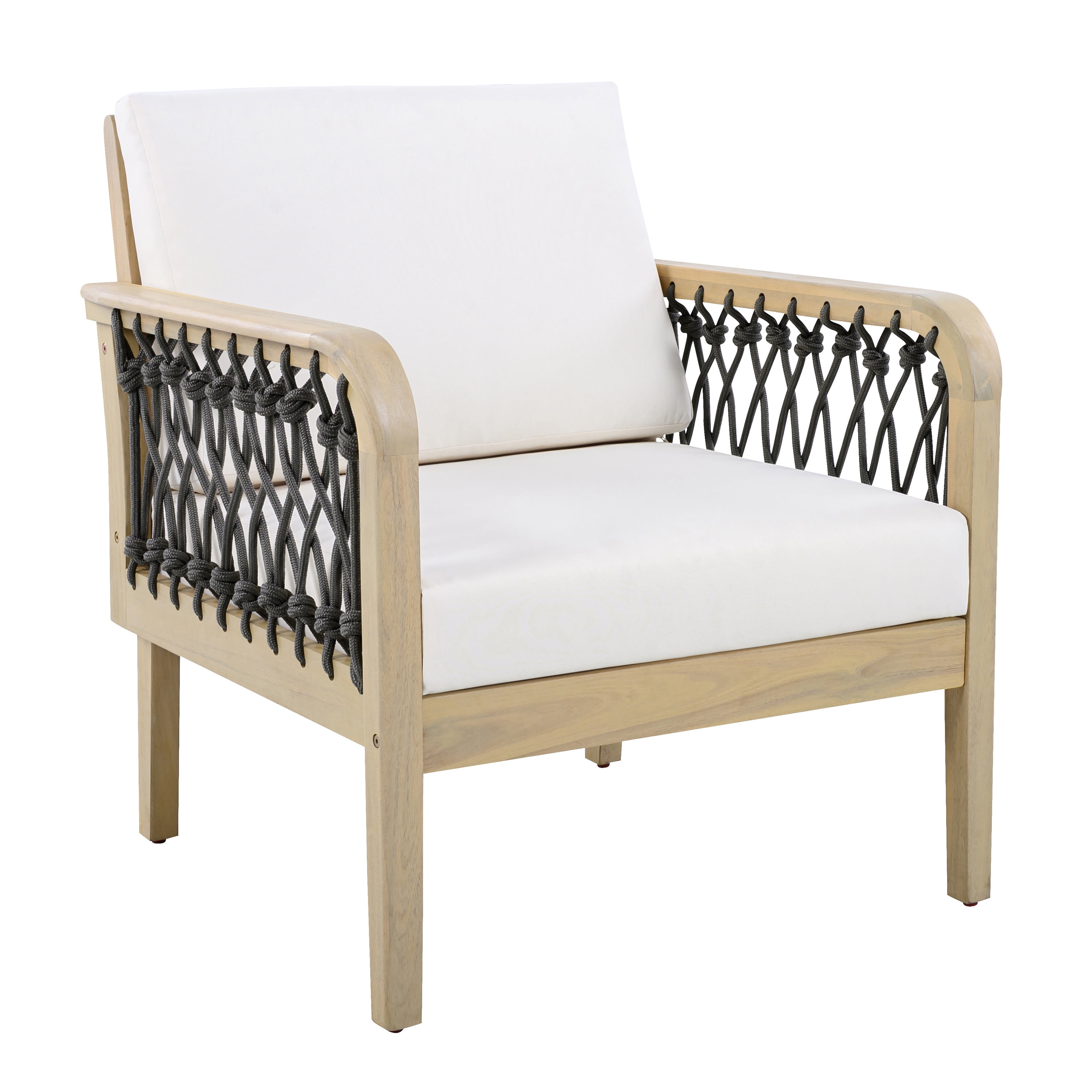 Club Chair, Outdoor Acacia Wood Chair with Handwoven Rope for Patio Garden, Light Teak and Cream