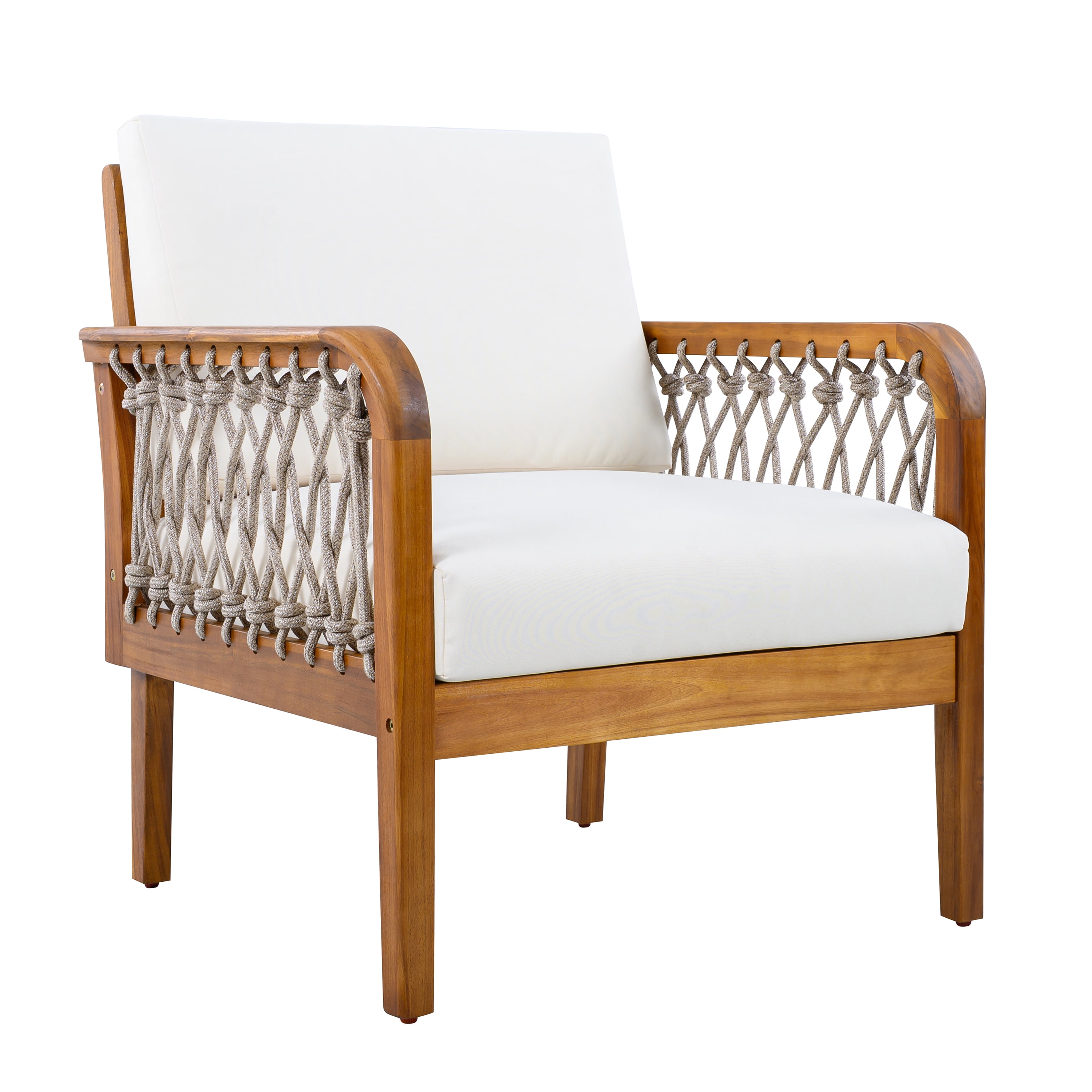 Club Chair, Outdoor Acacia Wood Chair with Handwoven Rope for Patio Garden, Teak and Cream