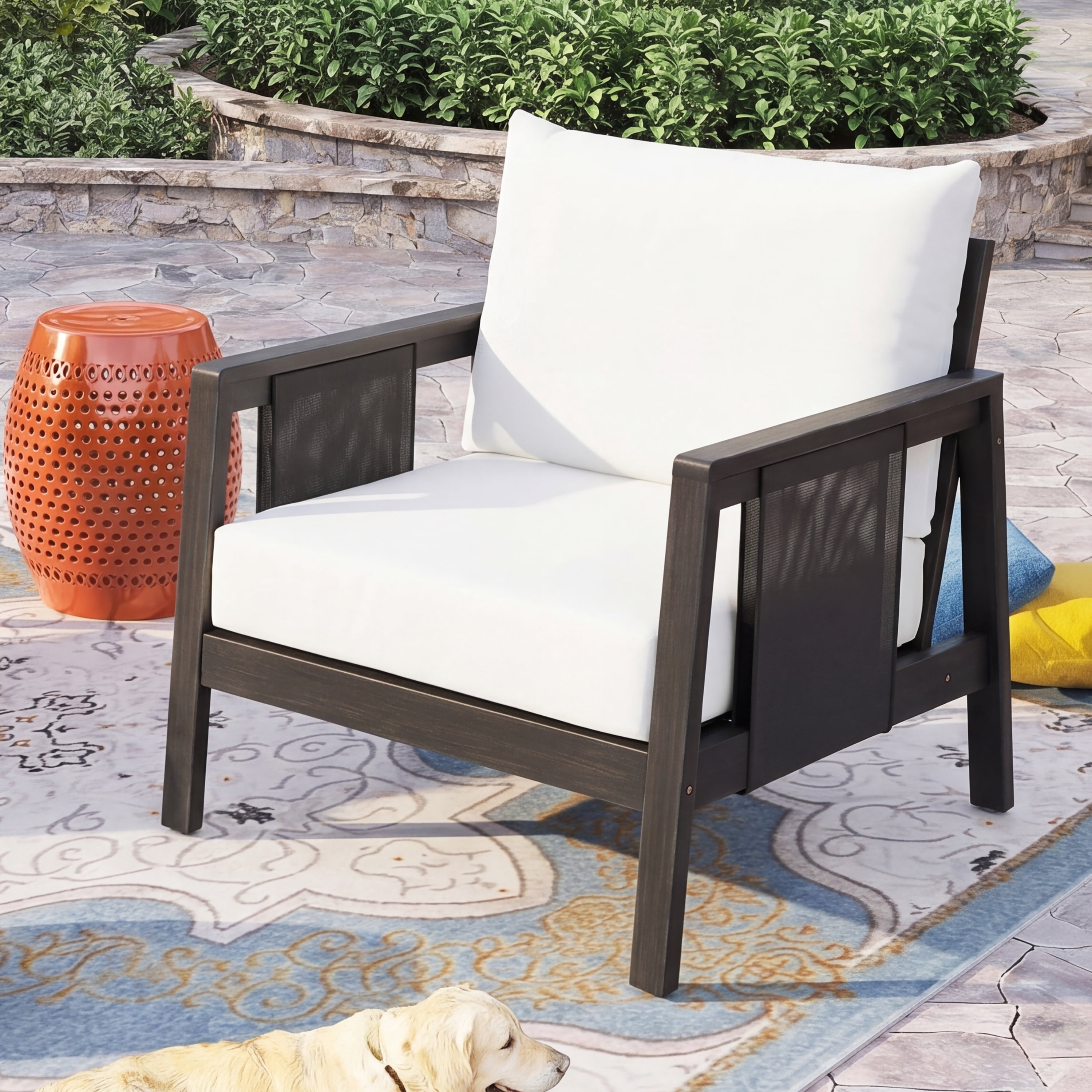 Club Chair, Outdoor Acacia Wood Frame Chair with Black Textilene Accents Water-Repellent White Cushions, Dark Grey