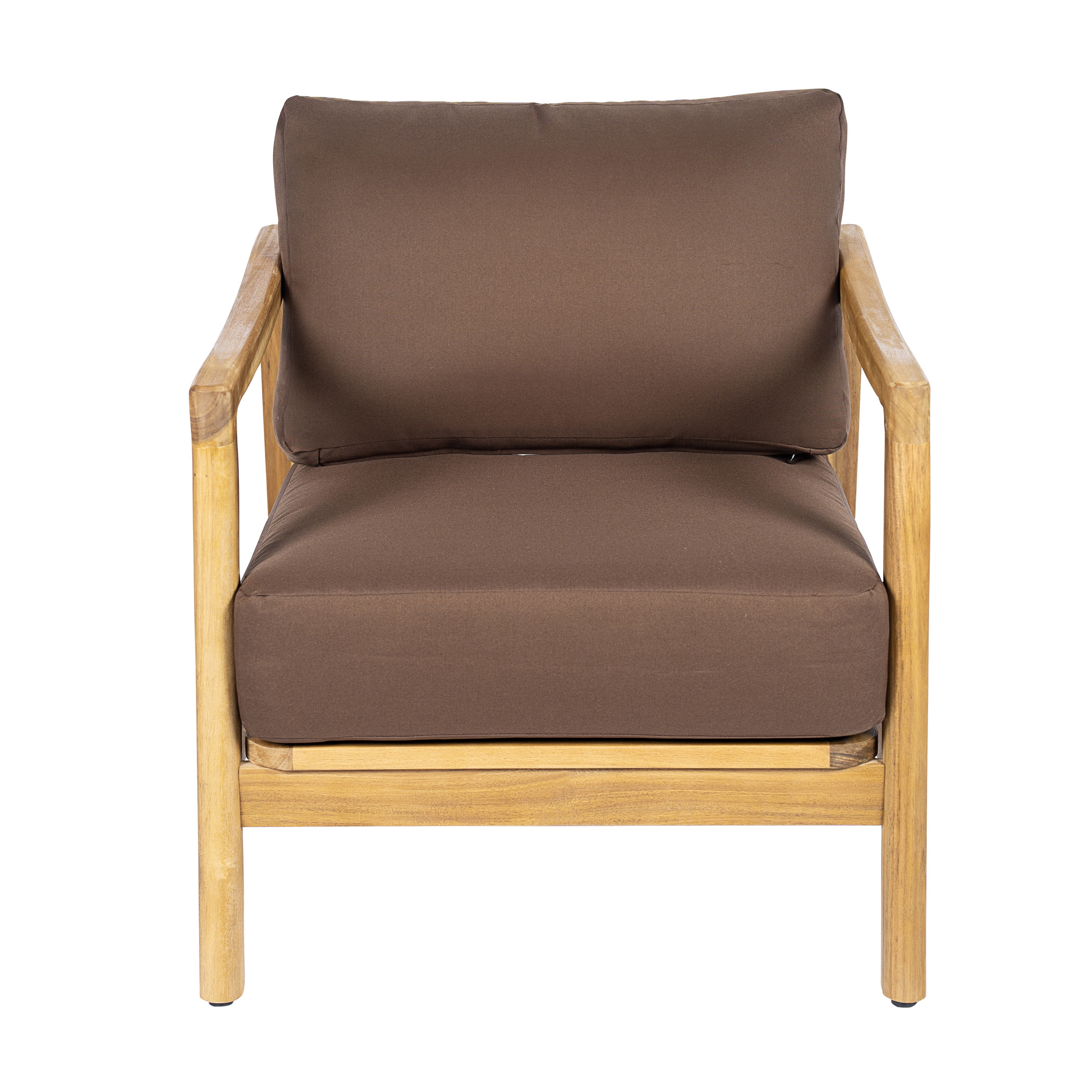 Club Chair, Outdoor Acacia Wood Frame Chair with Rope Back Detail Water-Repellent Brown Cushions, Teak