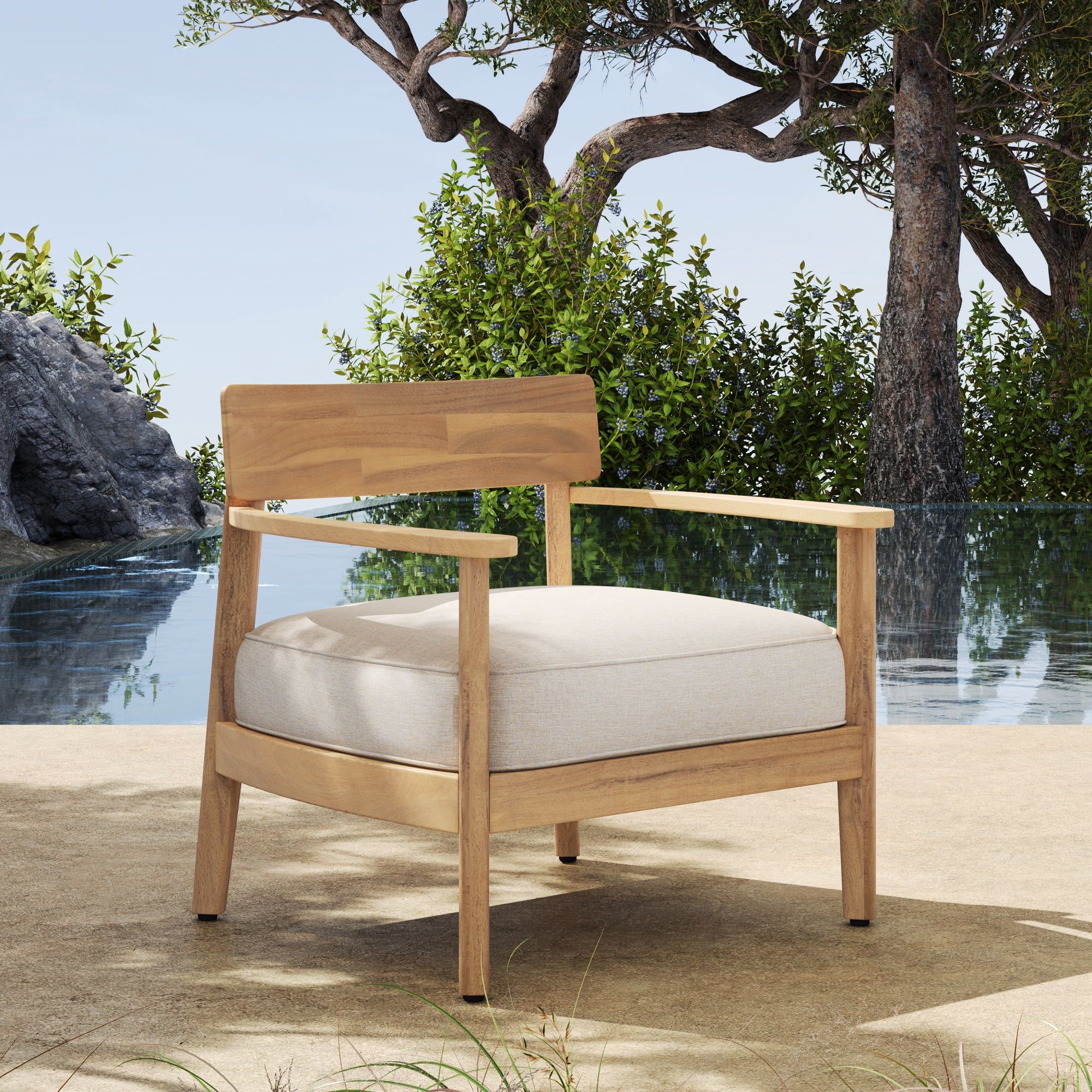 Club Chair with Seat Cushion, Acacia Wood Weather-Resistant Outdoor Patio Chair for Garden and Deck, Single Lounge Chair, Teak and Beige