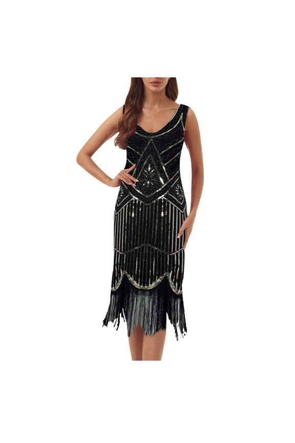 Club Outfits for Women Dgankt Plus Size 20s Vintage Fringed Sequin Beaded Tassels Hem Dress Party Banquet Dance Dress for Women