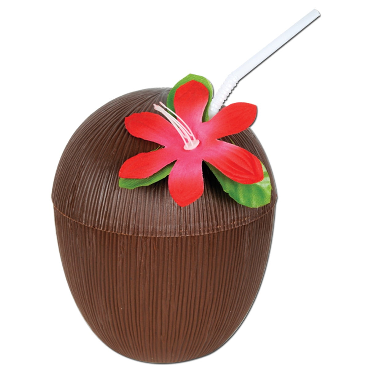 Club Pack of 12 Brown Tropical Island Plastic Coconut with Flower Drinking Party Cup 16 oz.