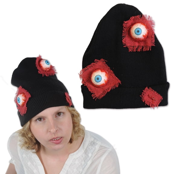 Club Pack of 12 Halloween Black and Red Bloodshot Eyeballs Knit Caps 11"