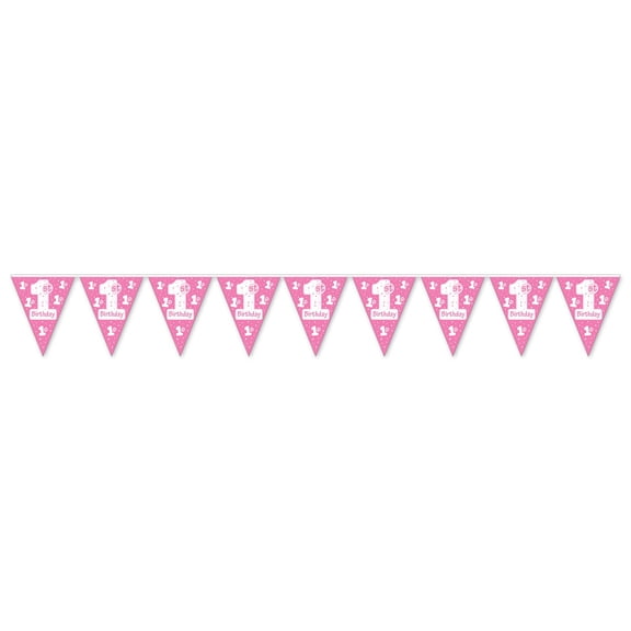 Club Pack of 12 Pink and White "1st Birthday" Pennant Banner Hanging Party Decorations 12'