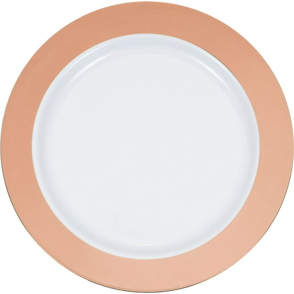 Club Pack of 120 White and Rose Gold Metallic Rim Disposable Plastic Round Party Plates 10"