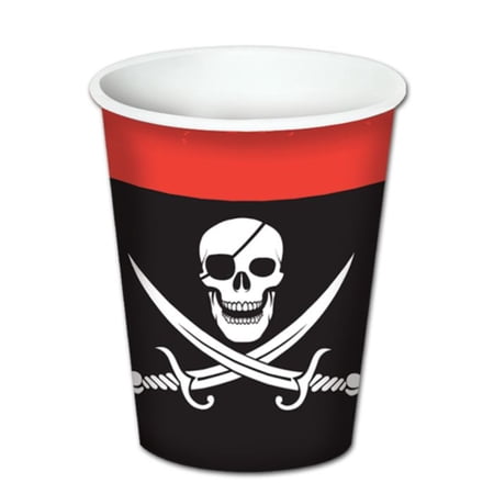 Beistle Disposable Pirate Paper Hot & Cold Party Tumbler Cups 9 oz - Red and Black - Pack of 96
