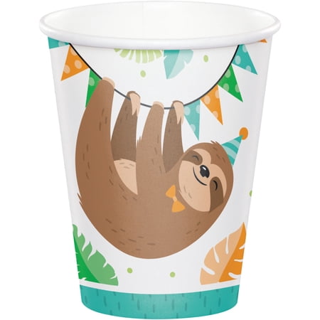 Club Pack of 96 White Sloth Party Disposable Paper Drinking Party Tumbler Cups 9 oz.