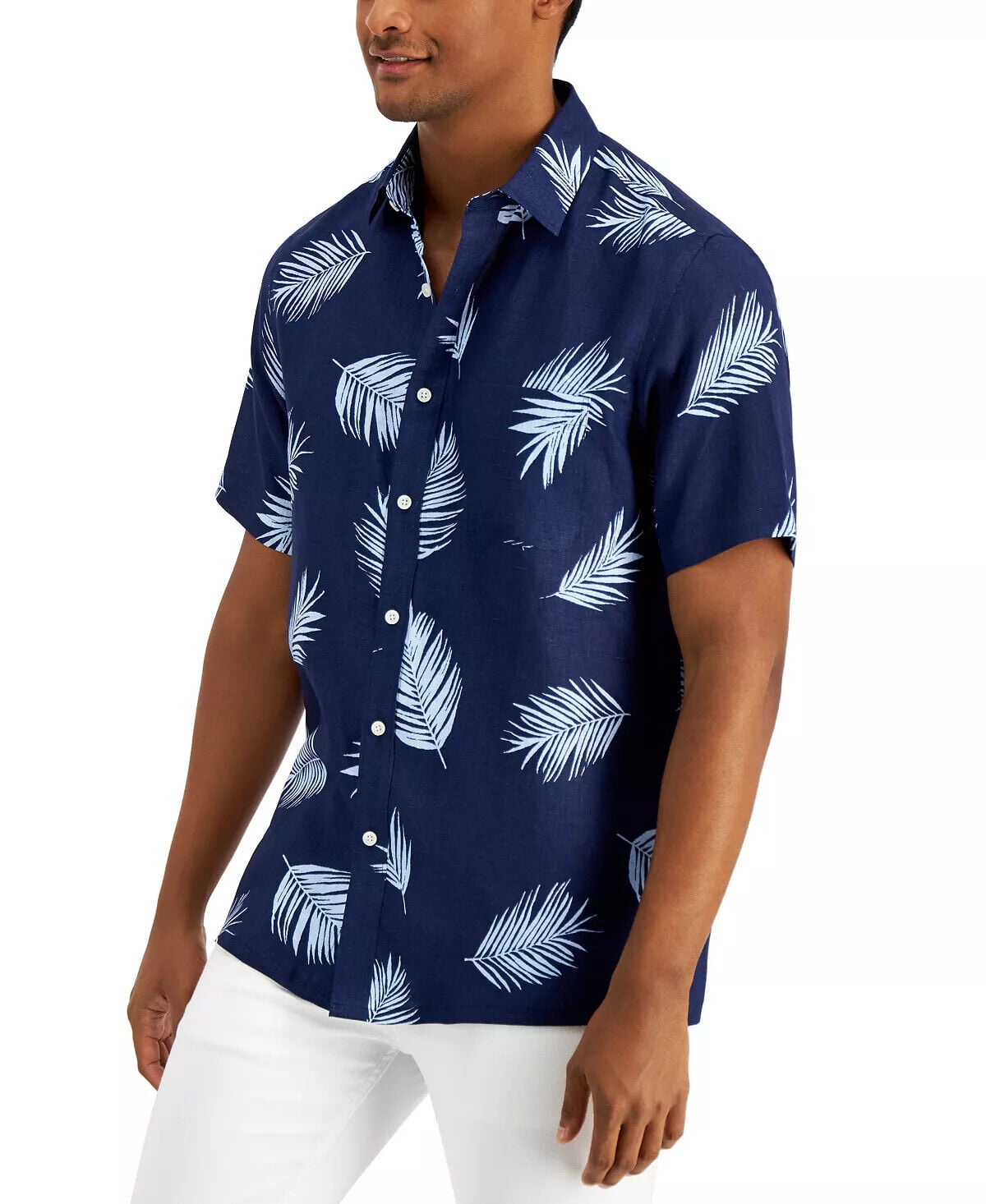 Club Room Luxury Men's Frond-Print Linen Shirt Navy Blue Combo-Small
