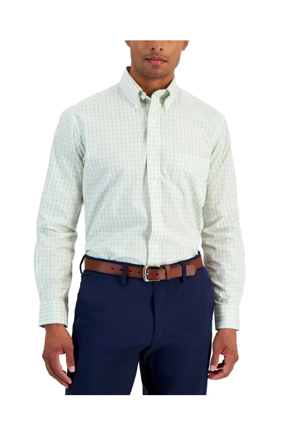 Men Regular fit Button-Up Shirt Yellow Light Blue Plaid 15.5 in 34-35