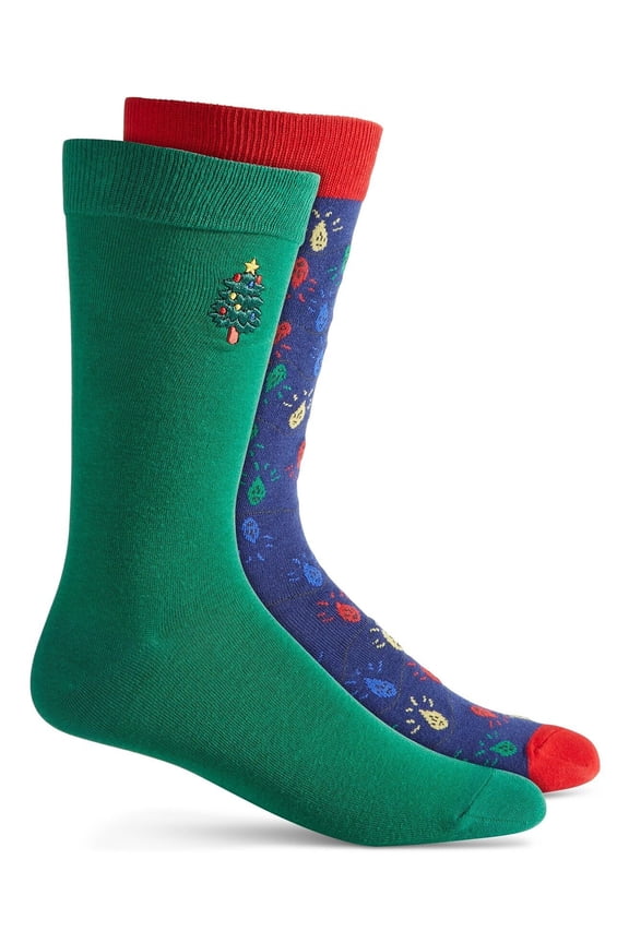 Men's 2-Pack Christmas Crew Socks, Holiday Lights One Size