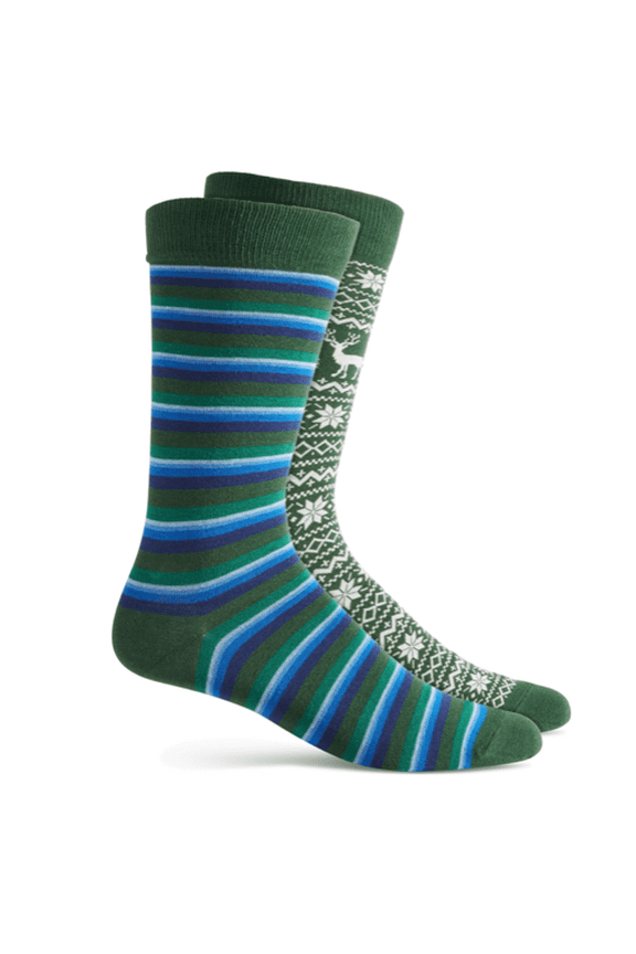 Men's 2-Pack Christmas Crew Socks, Stripe Fair Isle Green One Size