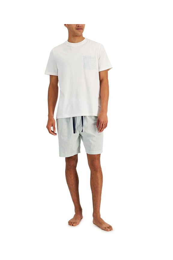 Men's 2 Pc Pocket T-Shirt & Stripe Shorts Pajama Set Green Size Medium