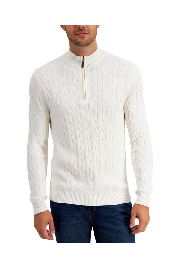 Mens Cable Knit Quarter-Zip Cotton Sweater, Light Beige/M