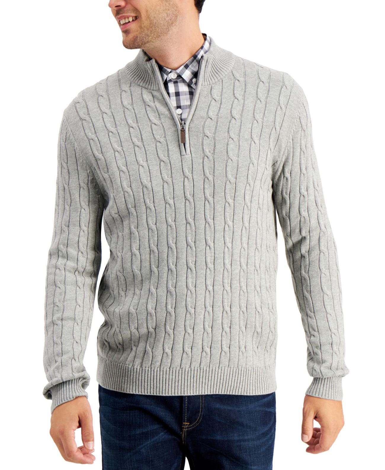 Club Room Men’s Cable Knit QuarterZip Cotton Sweater, XLarge