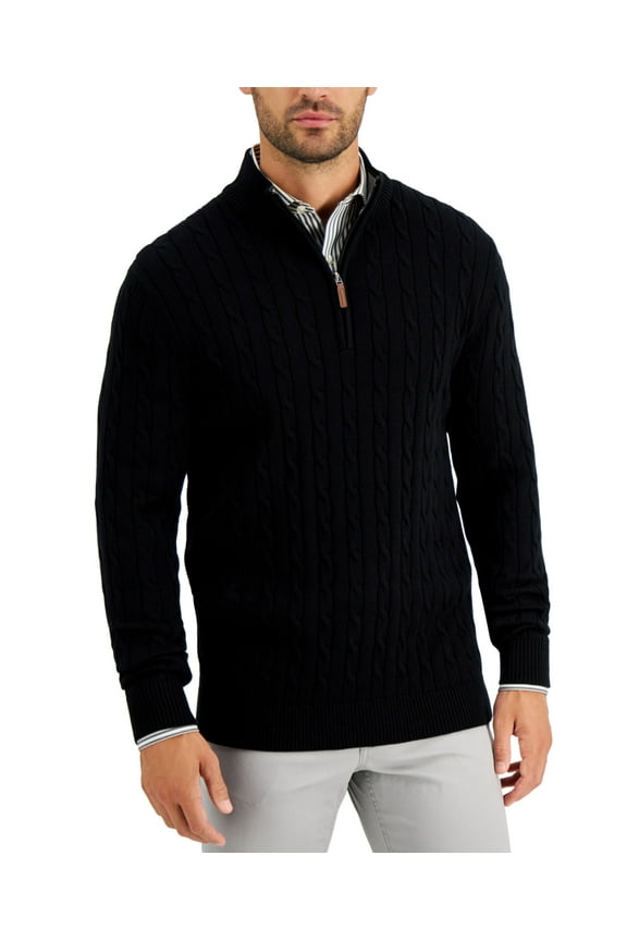 Men's Cable-Knit Quarter-Zip Sweater Black XL