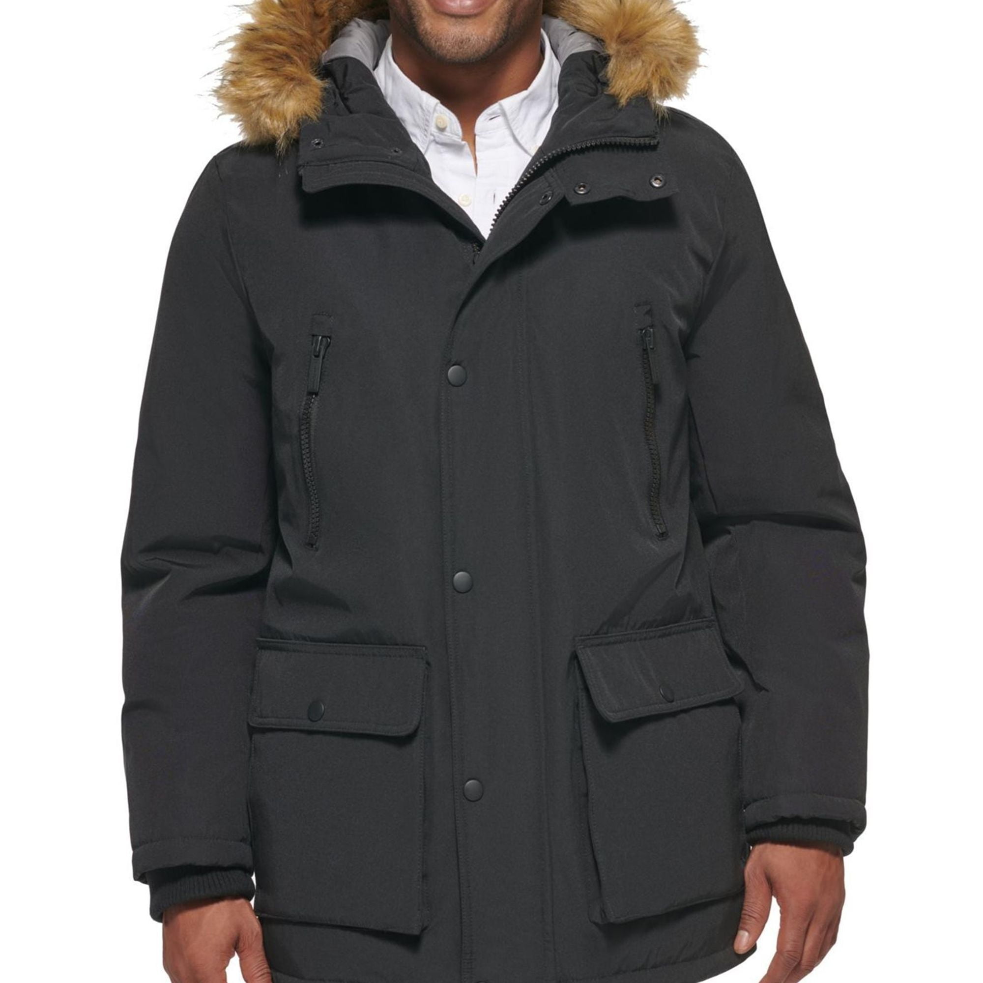 FIDES × CLUBHAUS LOGO PARKA Club Room Mens Faux Faux Fur Jacket Parka Coat, Black, X-Large